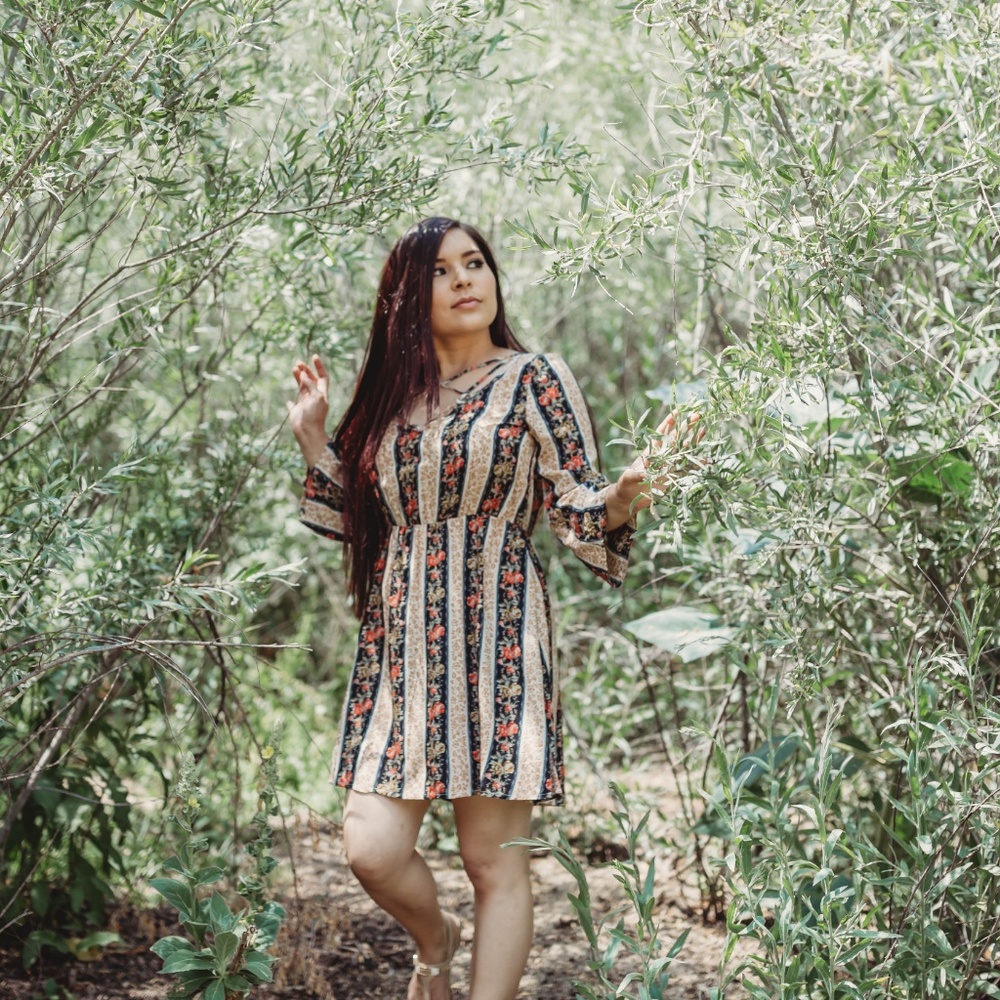 Black and Brown Striped w/Floral Print Flare Dress